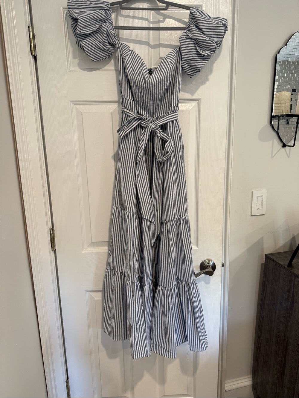 Vici Blue and White Striped Off-Shoulder Maxi Dress